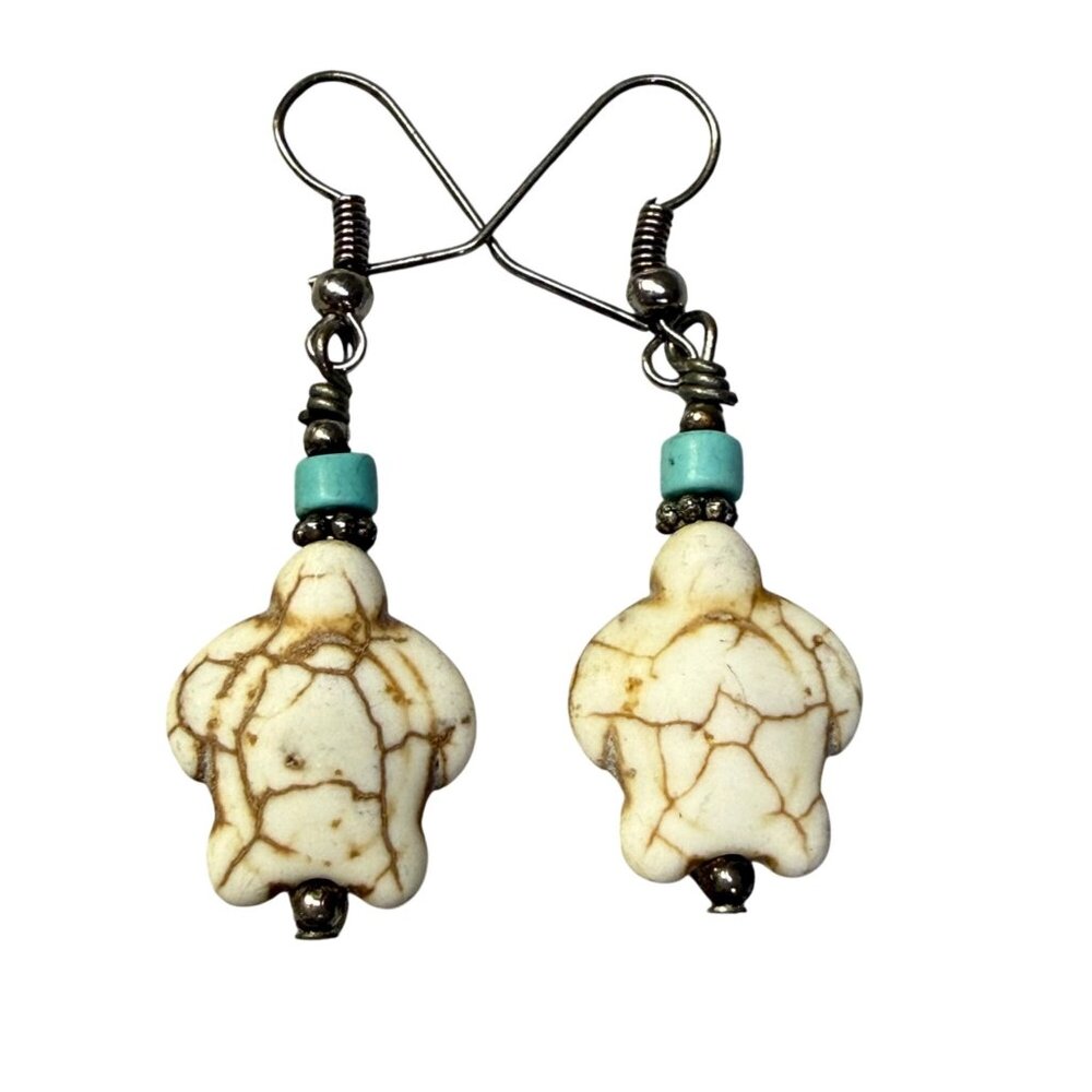 Faux Howlite Turtle Dangle Earrings Blue Silver Tone Accent Beads Boho Jewelry